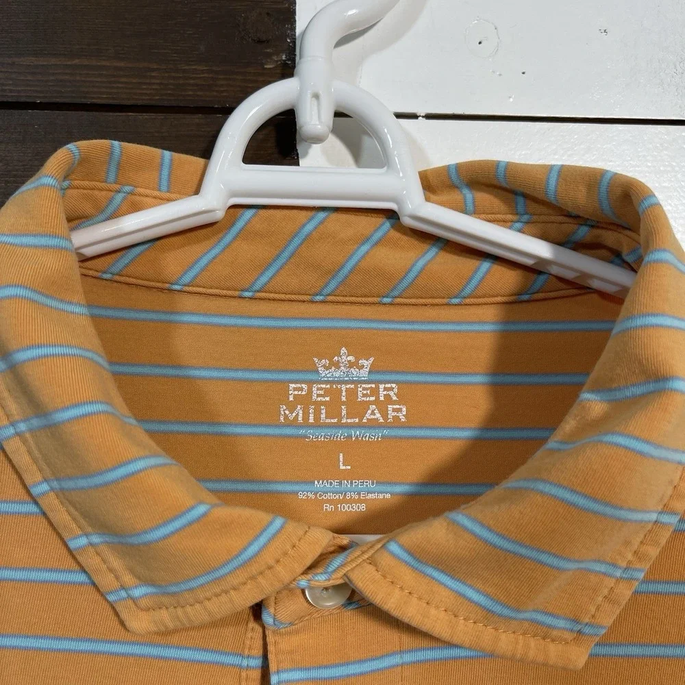 Peter Millar Polo Shirt Men's Large Orange Blue Striped‎ Cotton